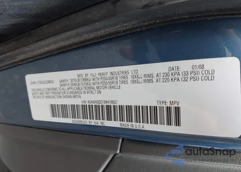 2008 Subaru Tribeca Limited 5-Passenger z USA, uszkodzony, nr VIN 4S4WX92D784416637